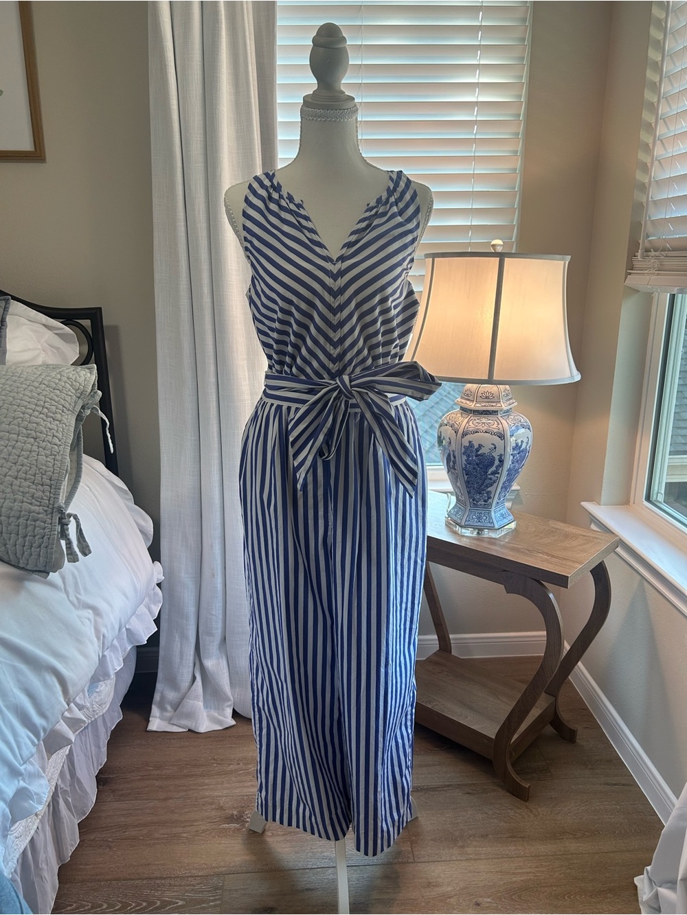 Jcrew Striped Blue & White Sleeveless Wrap Jumpsuit with Waist Tie